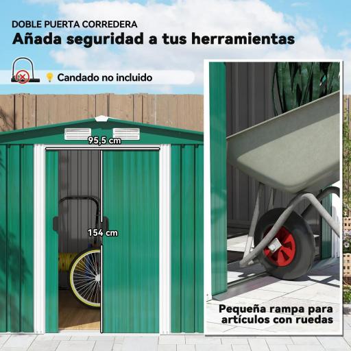 Caseta de Metálico 258x206x178 cm 5,3m² con Puertas Correderas y Ventilaciones para Almacenamiento de Herramientas Verde [3]