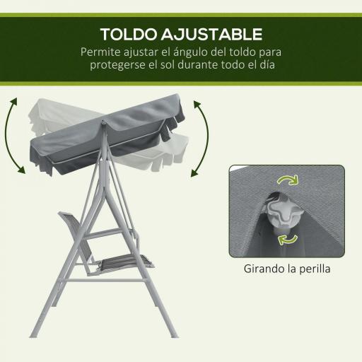 Balancín Jardín Exterior de 3 Plazas con Toldo Ajustable Respaldo Transpirable y Marco de Metal 171x108x154 cm Gris [4]