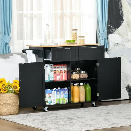 Mueble Auxiliar de Cocina con Ruedas 2 Cajones 2 Puertas Estante Ajustable y Toallero 104x46x91 cm Negro [4]