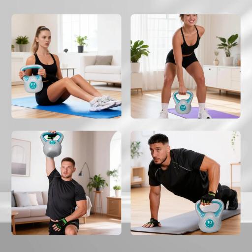 Pesa Rusa 10 kg Revestimiento de PU y Relleno de Arena para Entrenamiento de Fuerza 22x16x26 cm Azul y Gris [3]