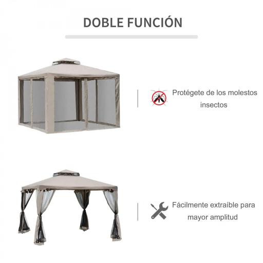 Cenador de Jardín 3x3 m Pabellón de Exterior con Doble Techo de Ventilación 4 Cortinas Mosquiteras Laterales con Cremallera 8 Orificios de Drenaje Gazebo para Fiestas Patio Marrón Pardo [2]