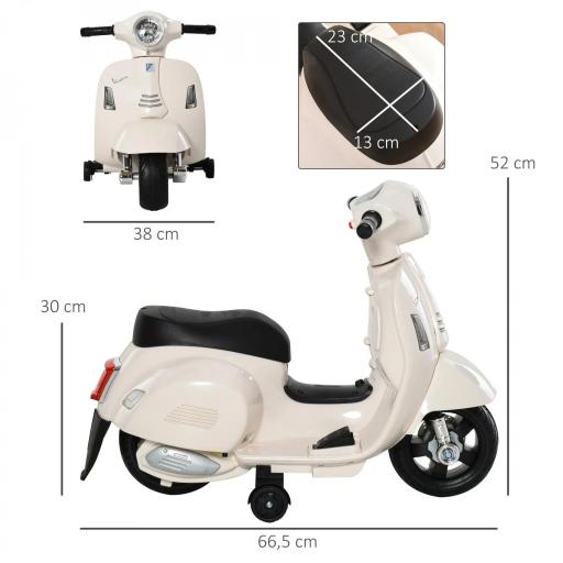 Motocicleta Infantil con Faro Bocina y 4 Ruedas Moto Eléctrica Vespa para Niños con Licencia 66,5x38x52 cm Blanco [1]