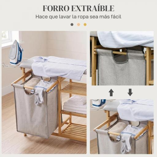 Cesto de Ropa Sucia 57,4L con Tabla de Planchar Soporte para Plancha 3 Estantes y Bolsa Extraíble 113x34x82 cm Natural [4]