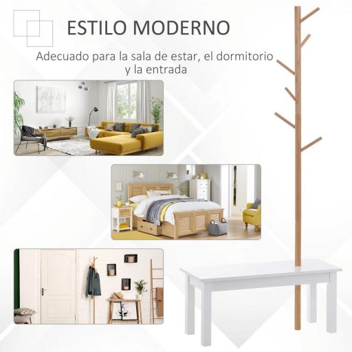 Perchero de Pie con Banco Colgador Tipo Árbol Moderno 6 Ganchos para Colgar Ropa Bolsa Pasillo Entrada Bambú y MDF 80x30x180cm [2]