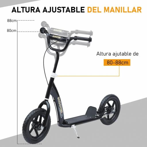 Patinete para Niños de 5-12 Años Scooter de 2 Ruedas Grandes de 12 Pulgadas con Freno y Manillar Ajustable en Altura Carga Máx. 50 kg 120x52x80-88 cm Negro [3]
