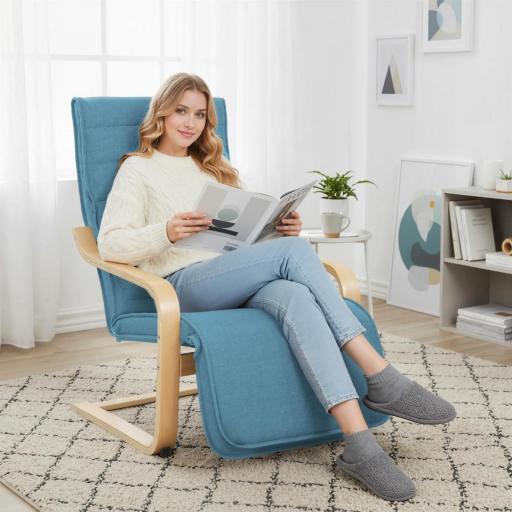 Sillón de Salón con Reposapiés Ajustable Butaca Tapizada en Lino Sintético para Oficina Dormitorio 66,5x94x100cm Azul