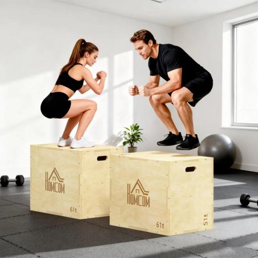 Cajón de Salto de Madera 3 en 1 con 2 Mango Hueco Carga 120 kg para Casa Oficina Gimnasia 61x51x76 cm Madera Natural [2]