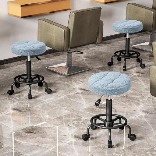 Taburete Giratorio Redondo Taburete con Ruedas Altura Regulable 50-66 cm Asiento Tapizado en Tejido de Borreguito Azul [7]