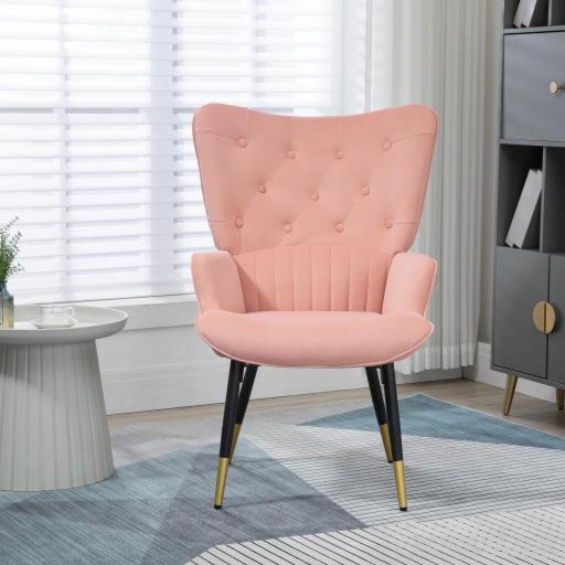 Butaca de Salón Sillón Individual Tapizado en Terciopelo con Respaldo Alto Estilo Moderno 68x72x103 cm Rosa [5]