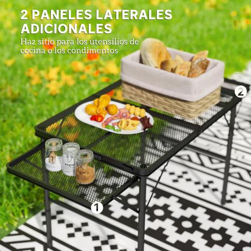 Mesa de Camping Plegable con Laterales Abatibles Altura Ajustable y Encimera Metálica de Rejilla 137x62x67 cm Negro [6]