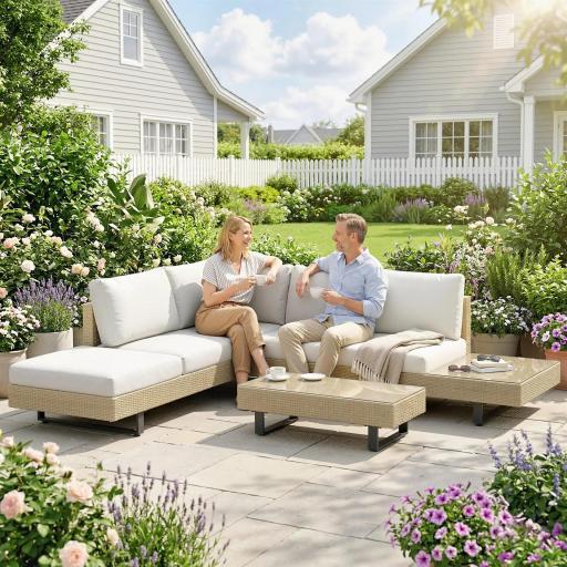 Conjunto de Jardín Exterior de Ratán de 3 Piezas con Sofá Modular de 3 y 2 Plazas Mesa Lateral Mesa de Centro Cojines [6]