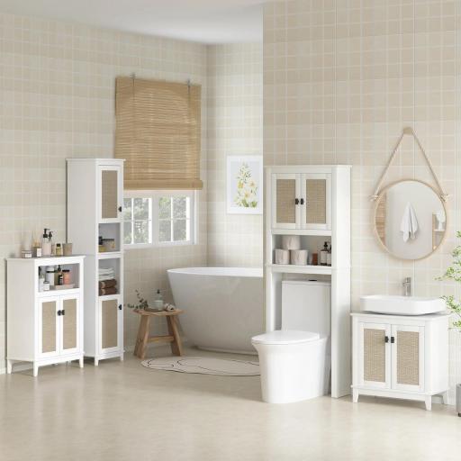 Mueble Auxiliar de Baño con 2 Puertas con Frontal de Ratán Estante Ajustable y Compartimento Abierto 60x30x90 cm Blanco