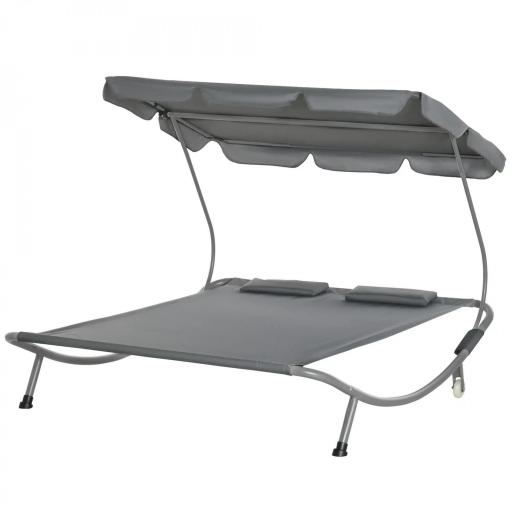 Tumbona Doble con Toldo Ajustable Tumbona de Jardín para 2 Personas con Cojines y 2 Ruedas 200x175x134 cm Gris [9]