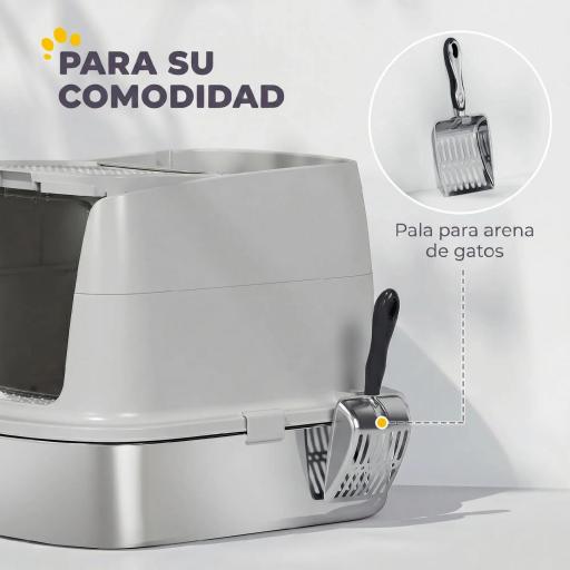 Arenero para Gatos de Acero Inoxidable L con Tapa Abatible Pala Metálica Bolsa Desodorizante Fácil Limpiar Gris Claro [2]