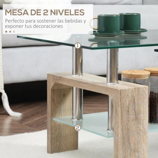 Mesa de Centro Rectangular de Vidrio con Estante Patas de Madera Estilo Moderno 90x50x42 cm Madera Natural [5]