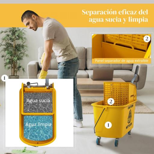 Cubo de Fregar con Escurridor Panel Separador y Ruedas Capacidad 20L para Limpieza Doméstica 45x26,5x70 cm Amarillo [3]