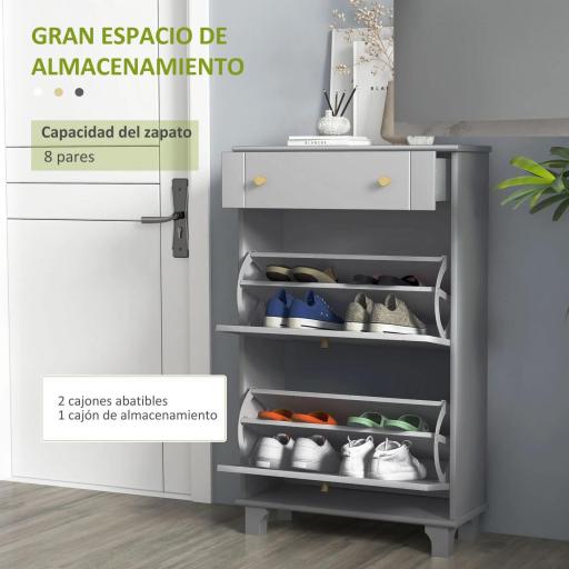 Mueble Zapatero Estrecho con 2 Puertas Abatibles y 1 Cajón para 8 Pares de Zapatos 60x23,5x98,5 cm Gris [2]