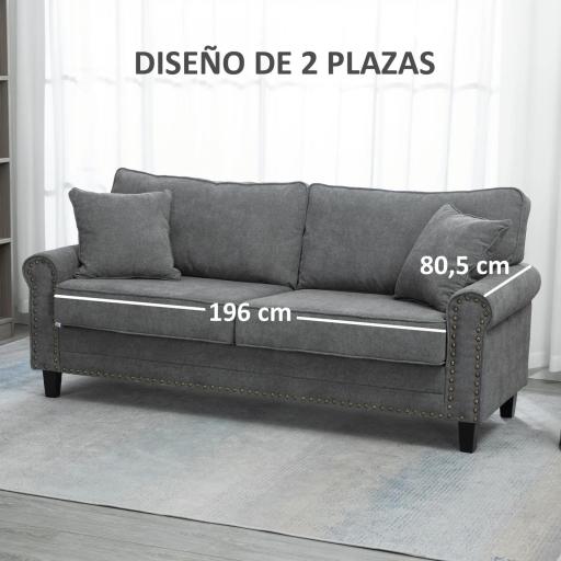 Sofá de 3 Plazas con Tachuelas Oro Envejecido Tapizado en Poliéster con 2 Cojines Decorativos 196x80,5x89 cm Gris [7]