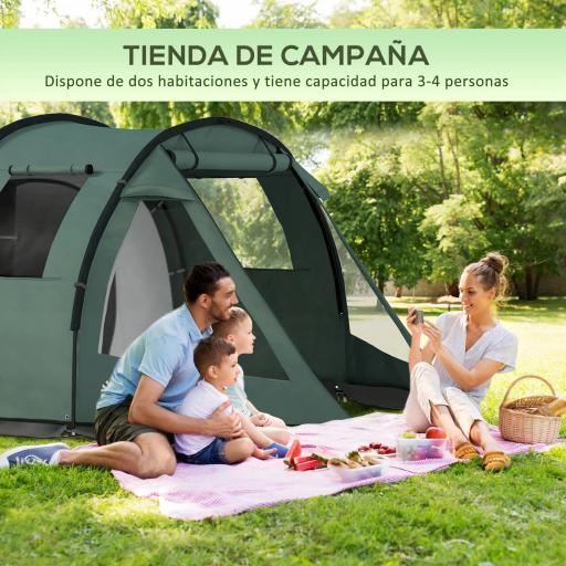 Tienda de Campaña para 3 Personas Impermeable PU2000 mm Protección UV30+ con Bolsa de Transporte 475x264x172 cm Verde [2]