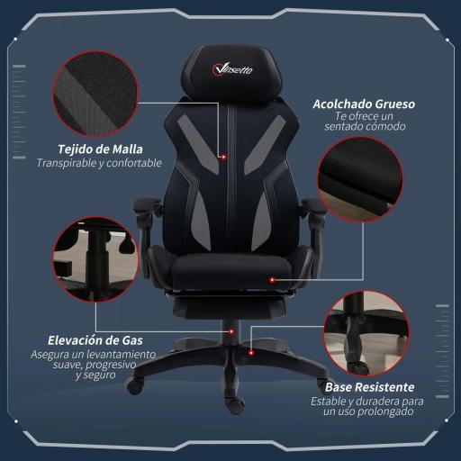 Silla Gaming con Reposapiés Retráctil Silla de Oficina Giratoria Reclinable con Reposacabezas y Altura Ajustable 65x65x119-129 cm Negro [2]