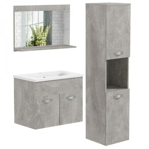 Conjunto de Muebles de Baño de Pared 3 Piezas Incluye Espejo Armario con Lavabo Cerámico y Columna Auxiliar de Baño Gris [9]