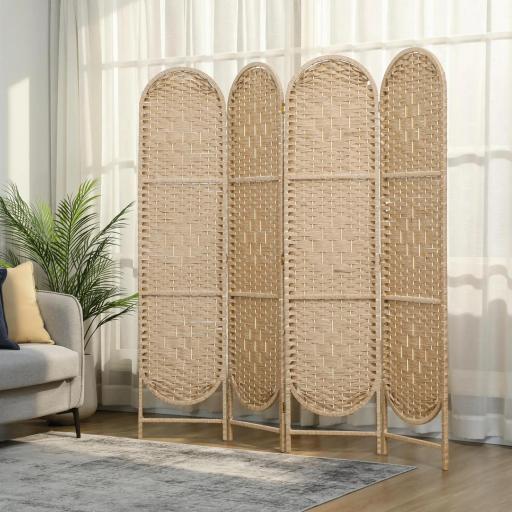 Biombo Separador de Ambientes 4 Paneles 160x170 cm con Parte Superior Arqueada Tejido a Mano Divisor Plegable Natural [7]