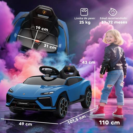 Coche Eléctrico para Niños de +3 Años con licencia Lamborghini Batería 12V Mando a Distancia 2,4 G Motor Doble Azul [2]