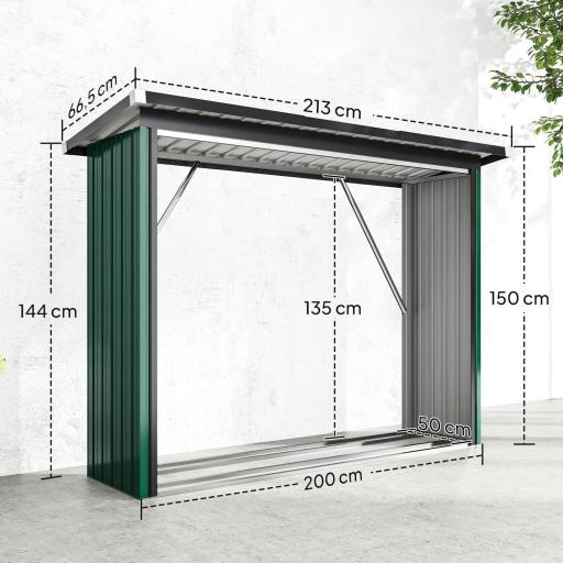 Casetilla para Leña de Acero Galvanizado con Base Elevada y Techo Inclinado 213x66,5x150 cm Verde [1]