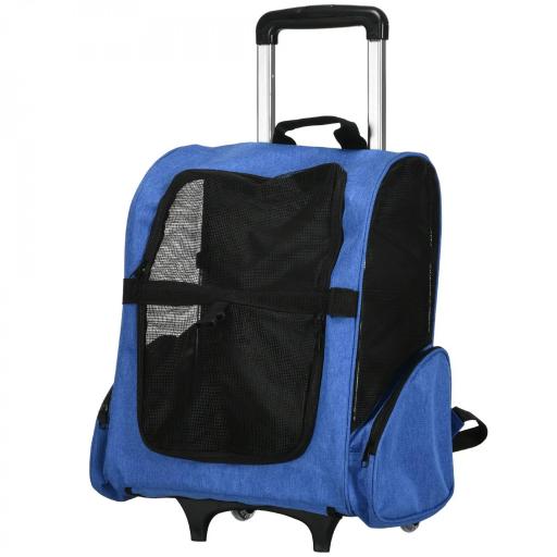 Transportín Carrito para Mascotas 2 en 1 Mochila de Viaje con 2 Ruedas para Perros Gatos con Asa Retráctil de Aluminio y Bolsillos de Almacenaje 42x25x55 cm Azul [8]