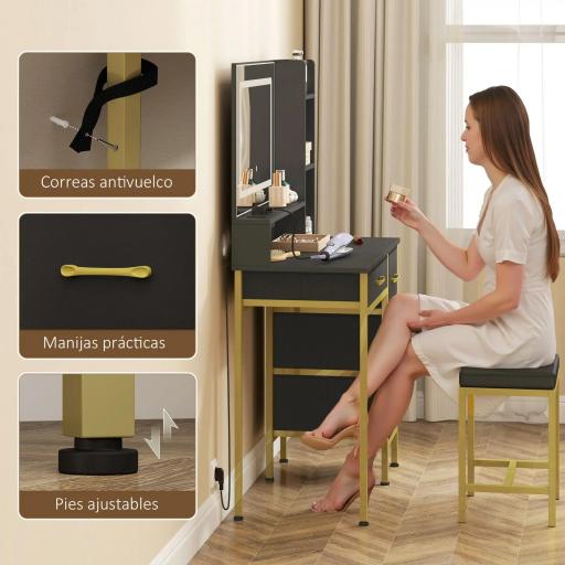 Tocador de Maquillaje con Espejo Luces LED Estación de Carga Taburete Estación de Carga 4 Cajones Negro [2]