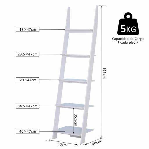 Estantería de Escalera Moderna Estantería para Libros Librería con 5 Estantes para Salón Oficina 50x40x195 cm Blanco [1]