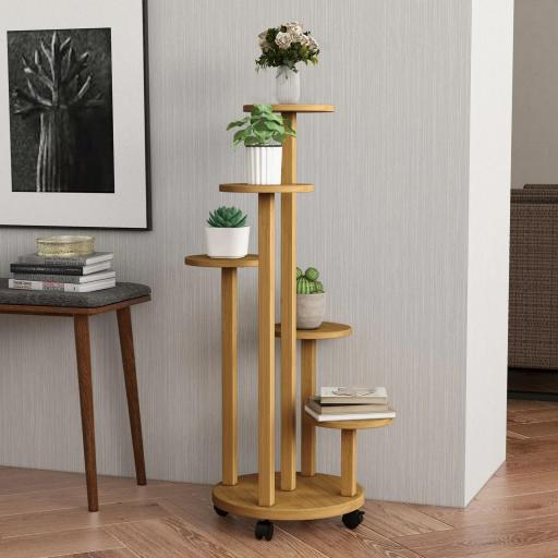 Soporte para Plantas de Bambú con Ruedas de 5 Niveles Estantería Redonda para Plantas para Esquina 33x33x90 cm Natural