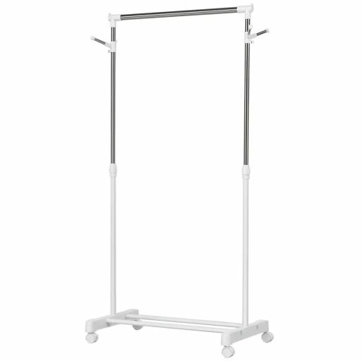 Estante de Ropa Perchero Estándar de Barra Altura Ajustable Portátil con Estante Inferior sobre Ruedas Tubería de Acero 68,5x42x87-145 cm Blanco Plata [8]