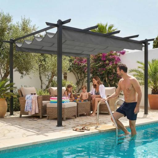 Pérgola de Jardín 4x3 m con Techo Retráctil Estructura de Aluminio UPF30+ Orificios de Drenaje Pabellón Exterior Gris [7]