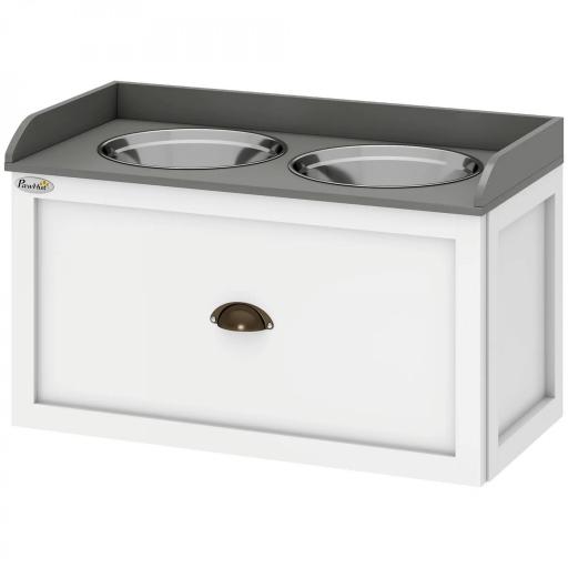 Comedero Elevado para Perros Grandes con 2 Cuencos de 2000 ml de Acero Inoxidable y 1 Cajón 63x30x36 cm Blanco [8]