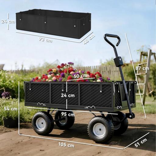 Carrito de Jardín con Ruedas Grandes Bolsa Impermeable Removible y Mango Giratorio Carga 300 kg 105x51x54 cm Negro [2]