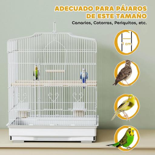 Jaula para Pájaros Pajarera de Acero con 2 Comederos 2 Perchas Columpio y Bandeja Extraíble Asa 46,5x36x59 cm Blanco [2]
