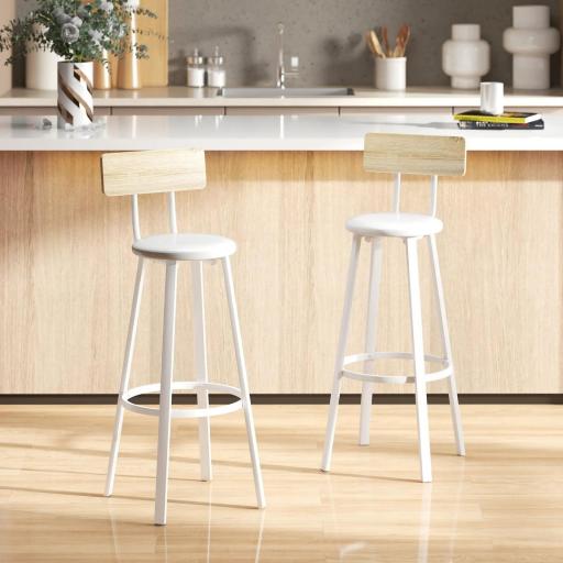 Juego de 2 Taburetes Altos de Cocina con Respaldo y Reposapiés Tapizados de PU Asiento de 75,5 cm Natural y Blanco