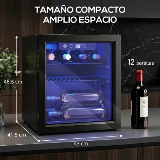 Vinoteca 12 Botellas Nevera para Vinos con Capacidad de 36 L Temperatura Ajustable 4-16℃ Puerta de Vidrio Luz LED Negro [3]