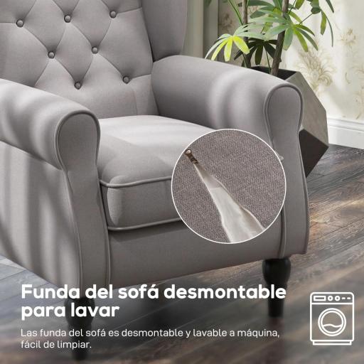 Sillón de Salón con Reposacabezas y Patas de Madera Butaca Carga 160 kg para Dormitorio Oficina Sala de Estar Gris [8]