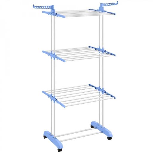 Tendedero Vertical Plegable con Ruedas Tendedero de Ropa de 3 Niveles con Alas Plegables 73x64x172 cm Azul y Blanco [10]
