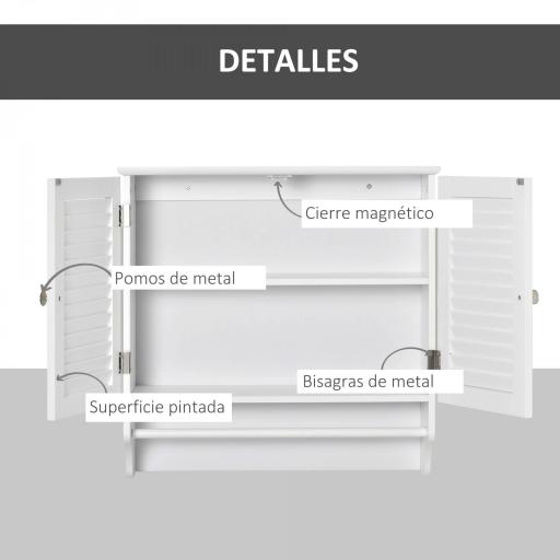 Armario Baño de Pared con 2 Puertas de Persiana Estante Interior y Barra de Toallero Mueble Auxiliar Suspendido Moderno Multiusos para Cocina 60x23x60 cm Blanco [8]