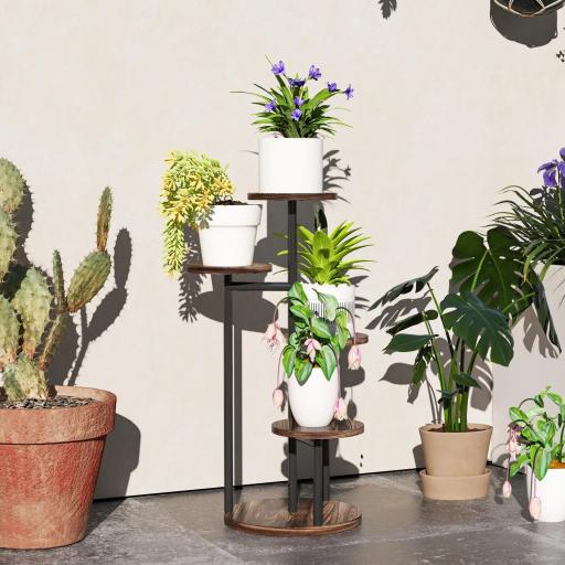 Soporte para Plantas de Madera y Acero de 5 Niveles con 5 Estantes Redondos Soporte para Macetas 43x43x70 cm Carbonizado