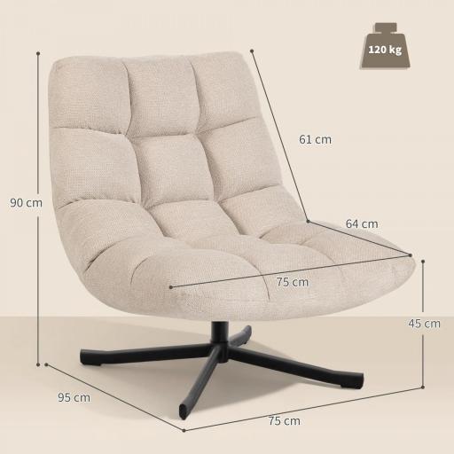 Butaca de Salón Giratoria Moderna Tapizada en Chenilla con Asiento Ancho Base Cruz y Patas de Acero Sillón Relax Crema [1]