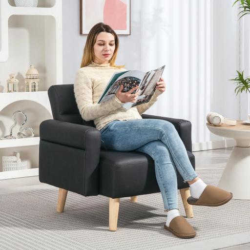 Sillón Tapizado en Cuero Sintético Respaldo con Costuras y Patas de Madera para Salón o Dormitorio 77x78x78 cm Negro