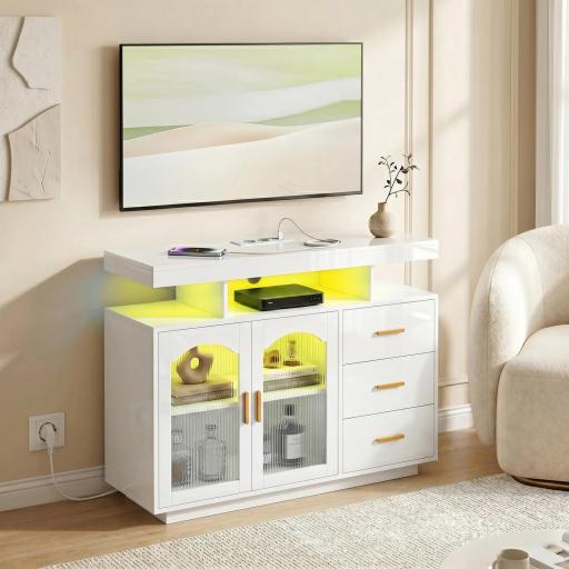 Aparador con LED RGB de 7 Colores Tomas Puertos USB 3 Cajones Estantes Abiertos 2 Puertas 100x35x80 cm Blanco Brillante [7]