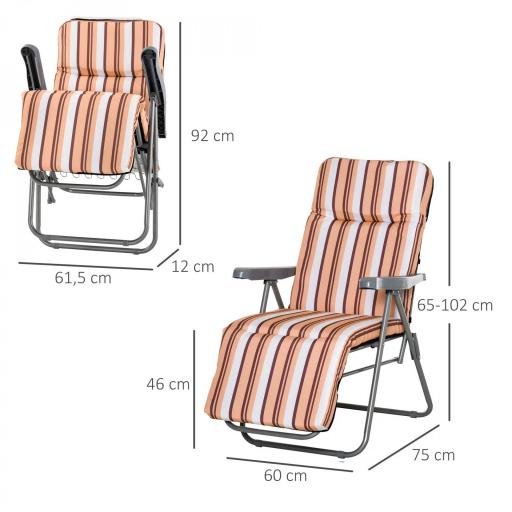  2 Tumbonas de Jardín de Acero con Cojín Acolchado Respaldo Ajustable y Reposapiés 60x75x65-102 cm Rayas Naranja [1]