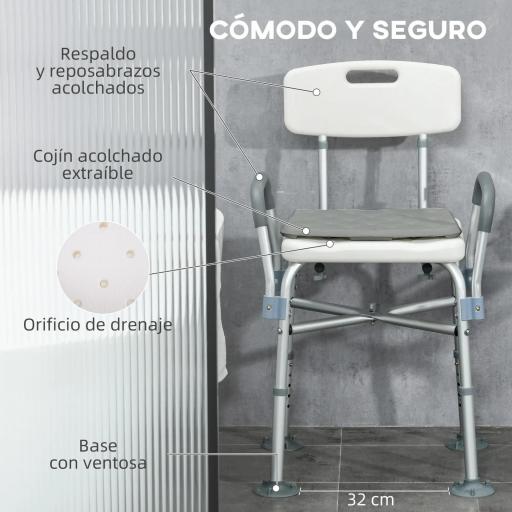 Silla Ducha Personas Mayores con Respaldo Reposabrazos Altura Ajustable Cojín Acolchado Extraíble Carga 136 kg Gris [6]