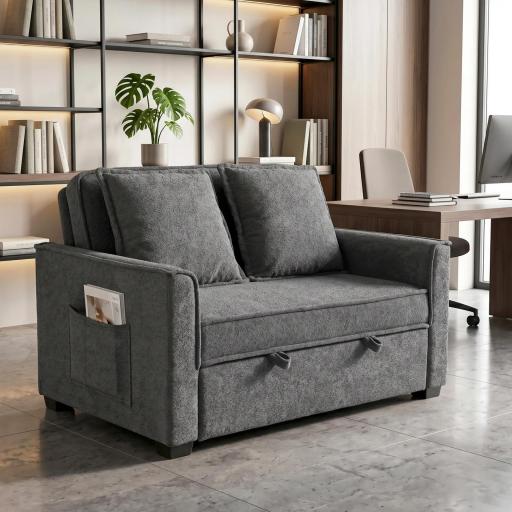 Sofá Cama 2 Plazas 3 en 1 con Respaldo Ajustable Bolsillos Laterales 2 Almohadas para Sala de Estar Gris Oscuro [5]