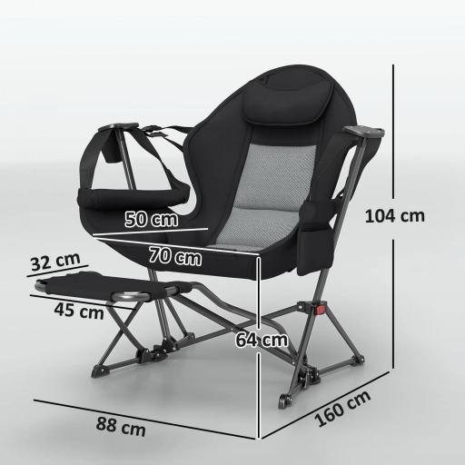 2 Mecedora Jardín Exterior con Reposapiés Reposacabezas Portavasos Bolsillos y Bolsa de Transporte Carga 120 kg Negro [3]